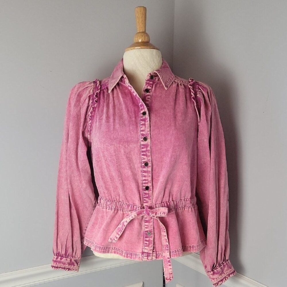 FREE PEOPLE You're All Mine Pink Ruffleβ Tie Waist Valentine's Peplum Shacket XS